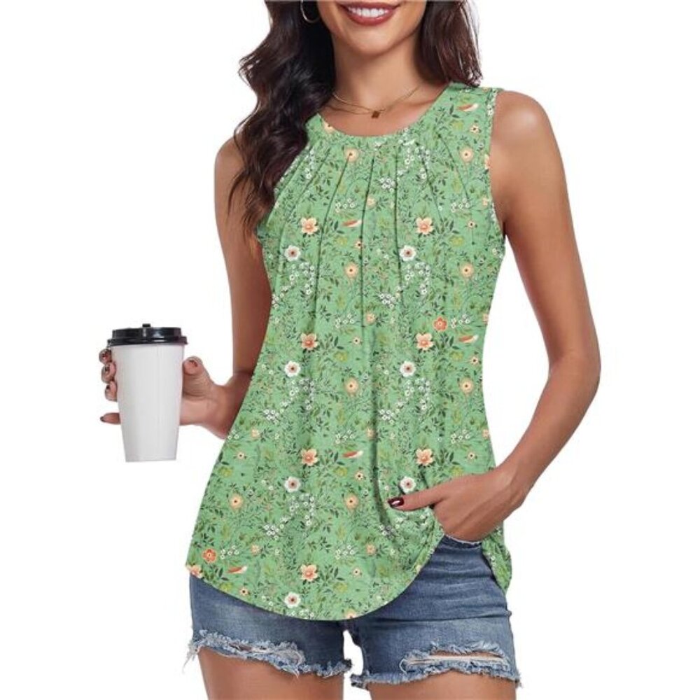 Women's Floral Green Summer Tank Tops‎ Pleated Round Neck Sleeveless Tops